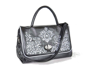 Gothic Embroidered Black Pearl Leather Flap Handbag