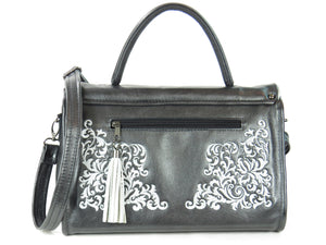 Gothic Embroidered Black Pearl Leather Flap Handbag back view