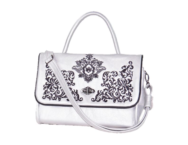 Gothic Embroidered Metallic Silver Leather Flap Handbag
