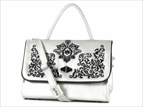 Gothic Embroidered Metallic Silver Leather Flap Handbag 3D view