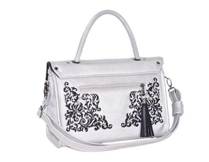 Gothic Embroidered Metallic Silver Leather Flap Handbag back view
