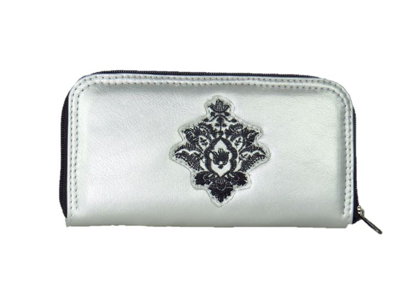 Gothic Embroidered Metallic Silver Leather Wallet