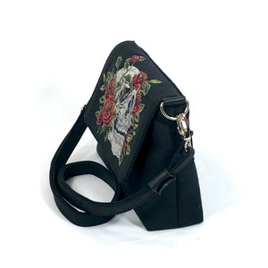 Black Denim Skull and Roses Mini Flap Bag side view