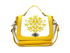 Yellow and White Leather Top Handle Flap Bag