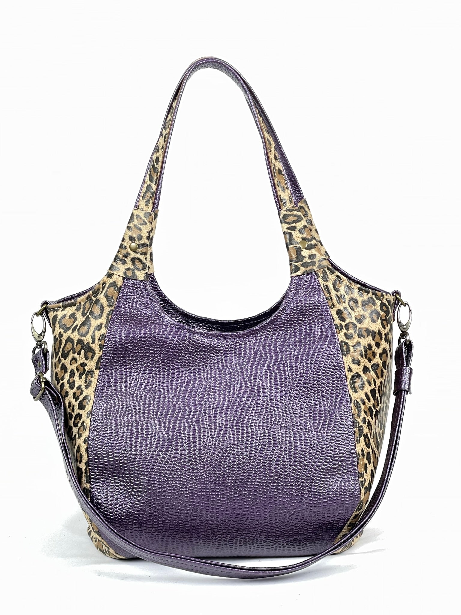 Sharla Satchel Metallic Purple and Leopard Print Leather