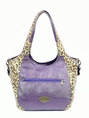 Sharla Satchel Metallic Purple and Leopard Print Leather