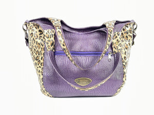 Sharla Satchel Metallic Purple and Leopard Print Leather
