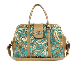 Paisley on Teal and Tan Leather Weekender Carpet Bag
