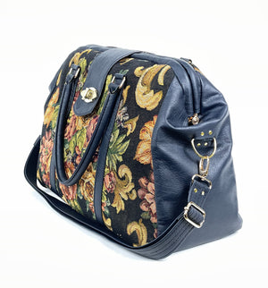 Midnight Bouquet Tapestry and Navy Leather Weekender Carpet Bag