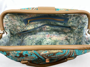Paisley on Teal and Tan Leather Weekender Carpet Bag