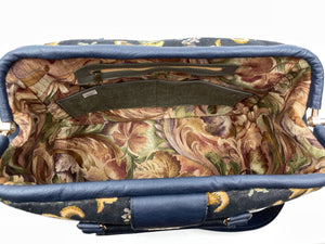 Midnight Bouquet Tapestry and Navy Leather Weekender Carpet Bag