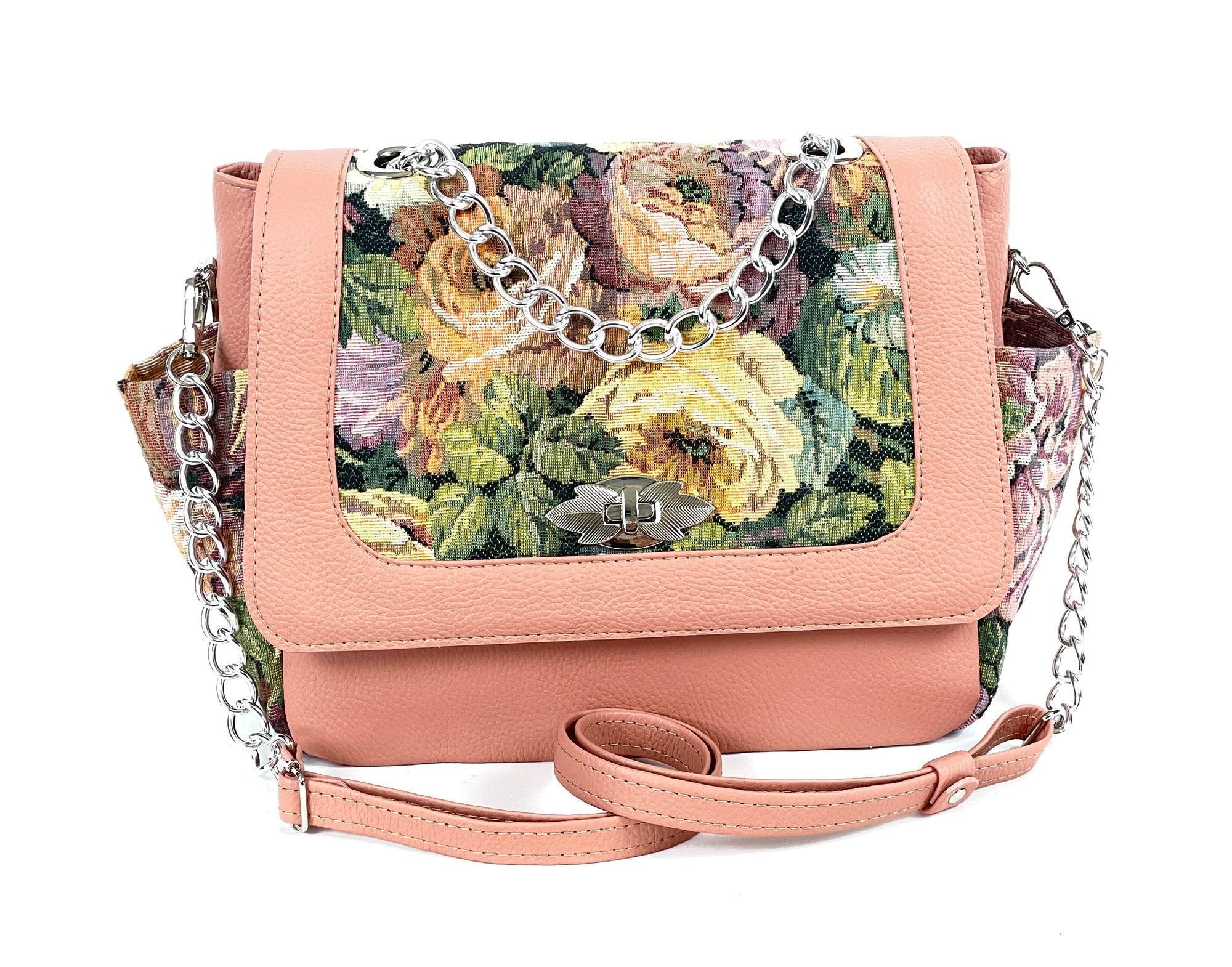 Floral Tapestry and Peach Leather Flap Bag