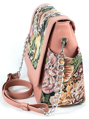 Floral Tapestry and Peach Leather Flap Bag