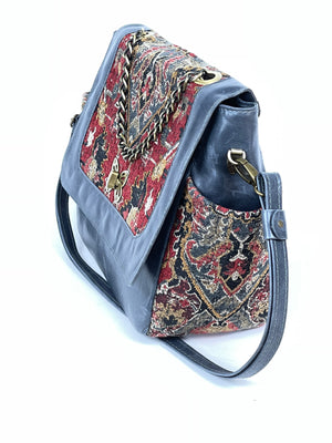 Morocco Tapestry and Blue Slate Leather Flap Bag