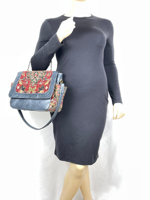 Morocco Tapestry and Blue Slate Leather Flap Bag
