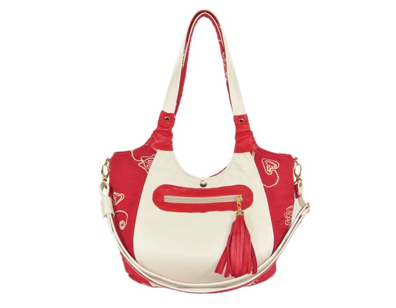 Ivory Leather and Red Tapestry Bucket Bag