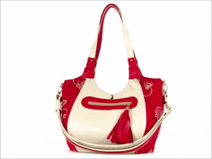 Ivory Leather and Red Tapestry Bucket Bag 3D view