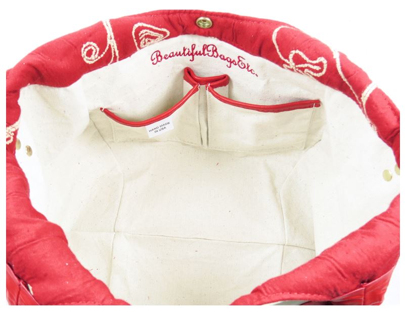 Ivory Leather and Red Tapestry Bucket Bag canvas lining