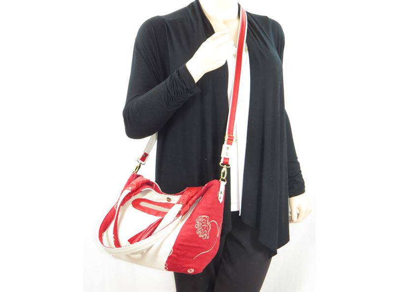 Ivory Leather and Red Tapestry Bucket Bag crossbody view