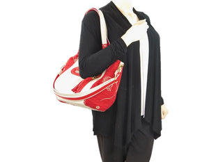 Ivory Leather and Red Tapestry Bucket Bag shoulder view