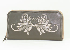 Khaki Gray Embroidered Leather Wallet