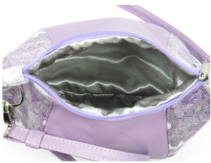 Lavender Leather and Tapestry Puff Pouch Cross Body interior view