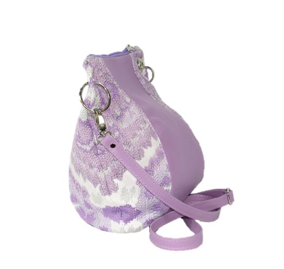 Lavender Leather and Tapestry Puff Pouch Cross Body side view