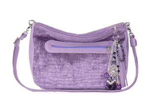 Lavender Leather and Velvet Slouchy Hobo relaxed strap view