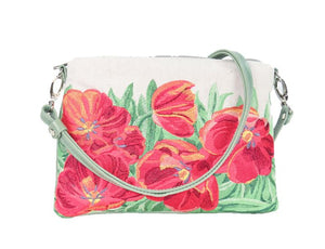 Leather and Tapestry Red Tulips Cross Body Bag