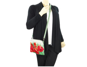 Leather and Tapestry Red Tulips Cross Body Bag model view