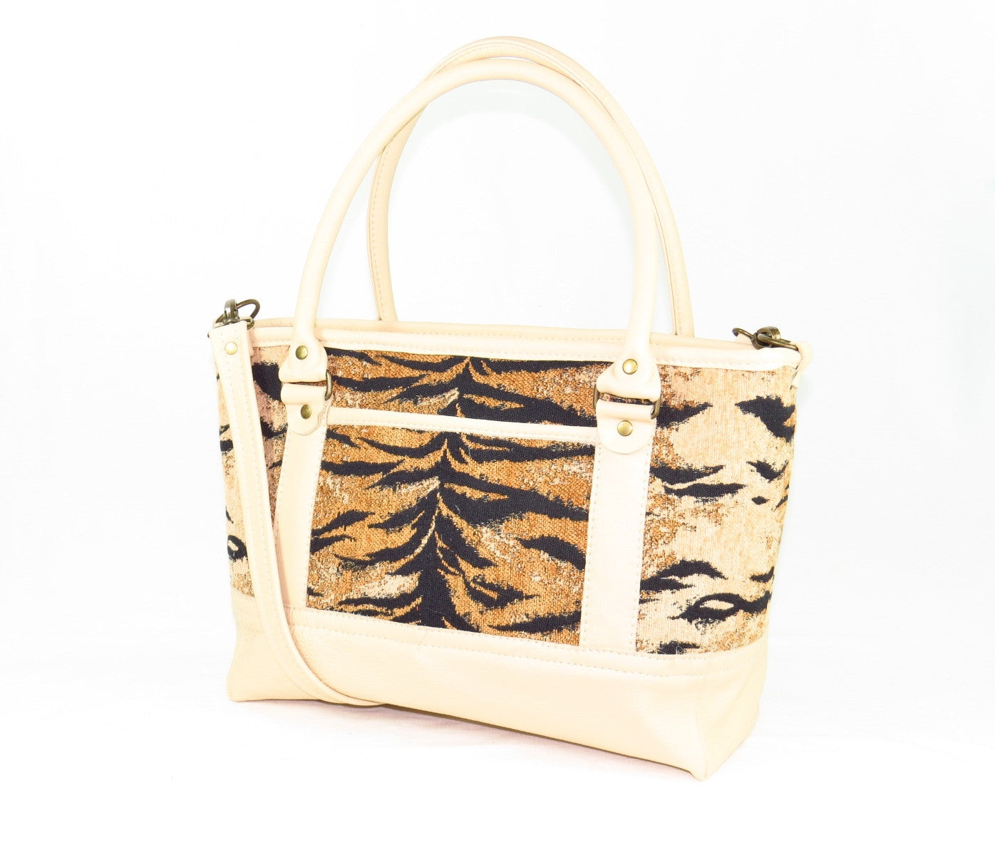 Leather and Tiger Stripe Chenille Zipper Tote reverse side