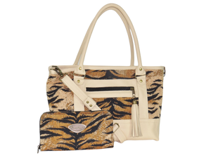 Leather and Tiger Stripe Chenille Zipper Tote with companion wallet