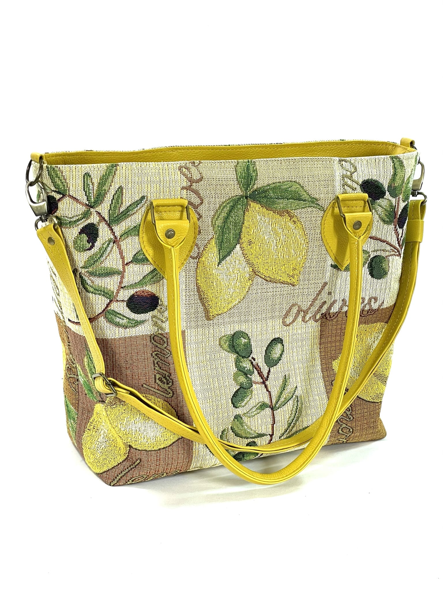 Lemon Tapestry Oversize Tote handles down view
