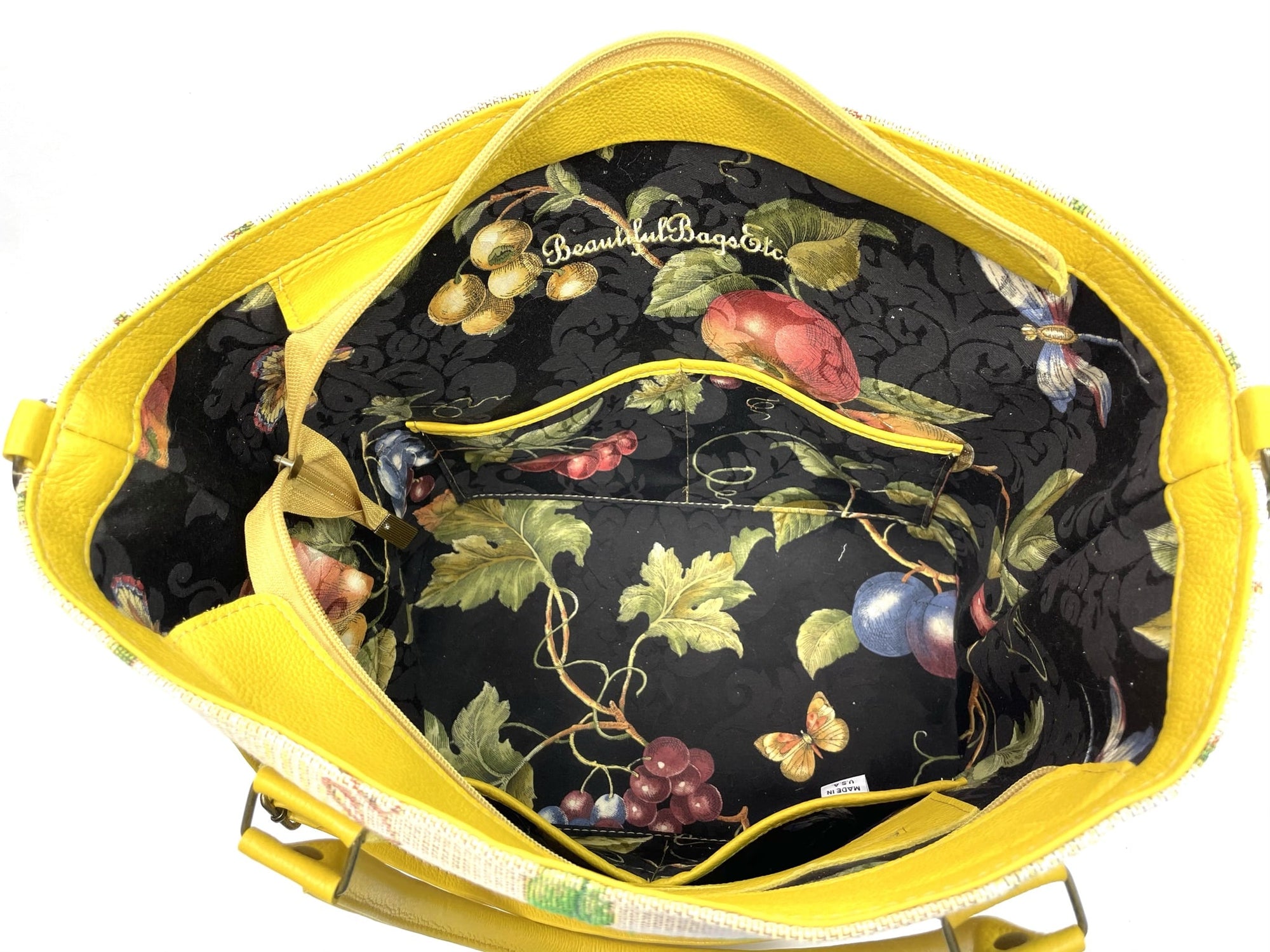 Lemon Tapestry Oversize Tote interior pockets view