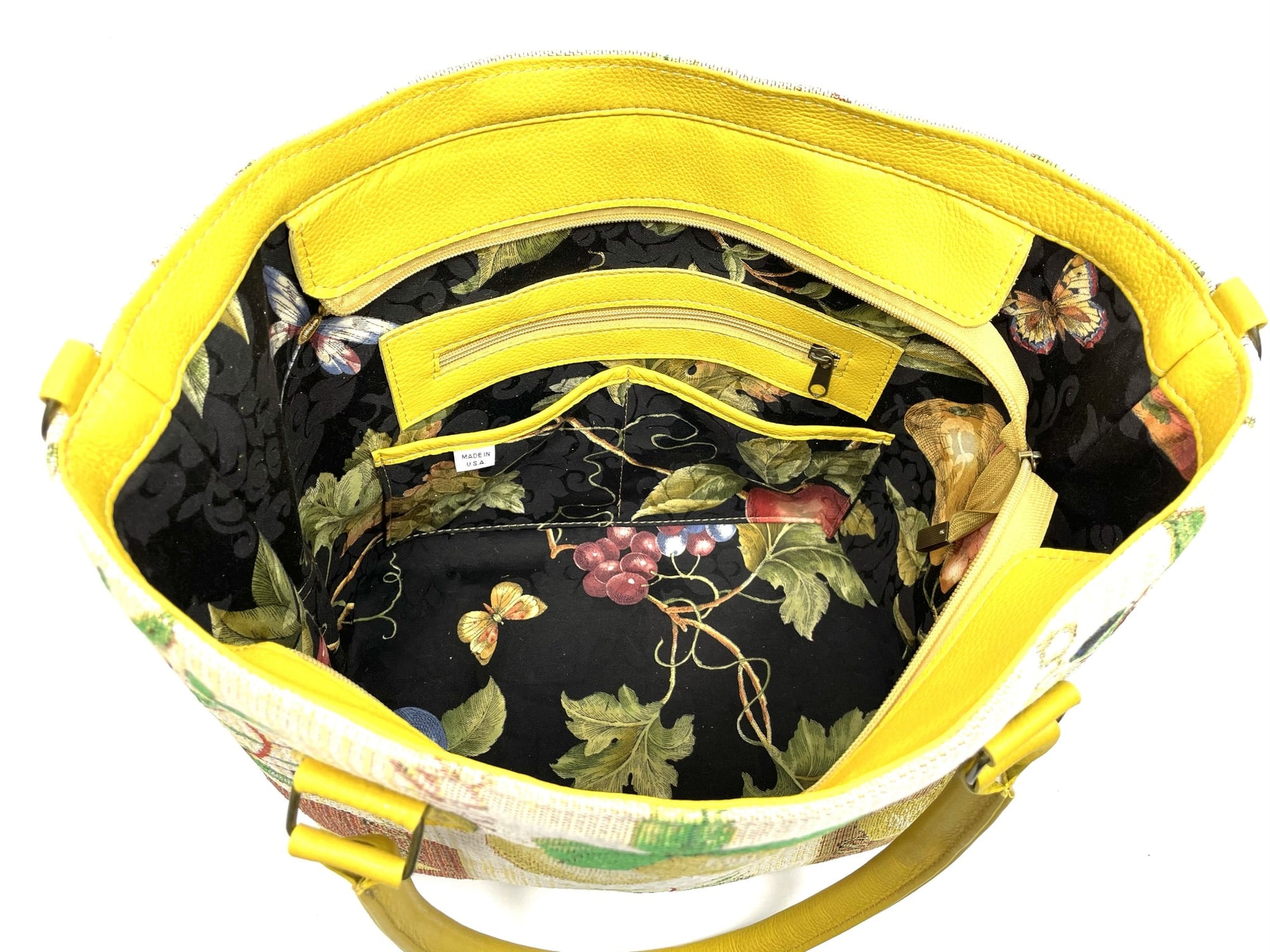 Lemon Tapestry Oversize Tote interior zipper pocket view
