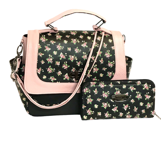 Meredith's Pink on Black Floral Flap Bag