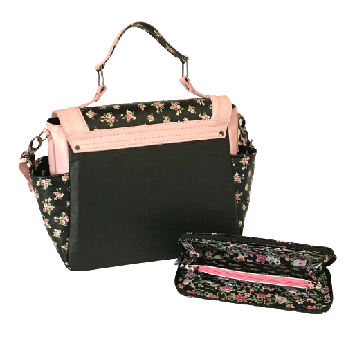 Meredith's Pink on Black Floral Flap Bag back view