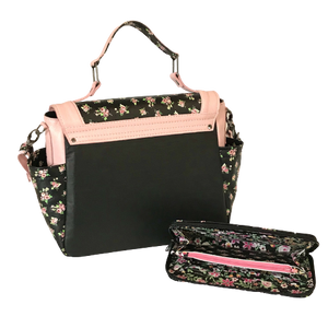 Meredith's Pink on Black Floral Flap Bag back view