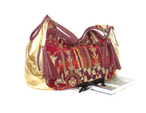 Metallic Gold Lambskin and Chenille Tapestry Satchel Weekender accessories view