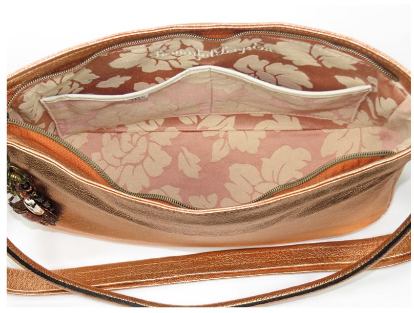 Metallic Copper Leather Slouchy Hobo Bag interior pockets view