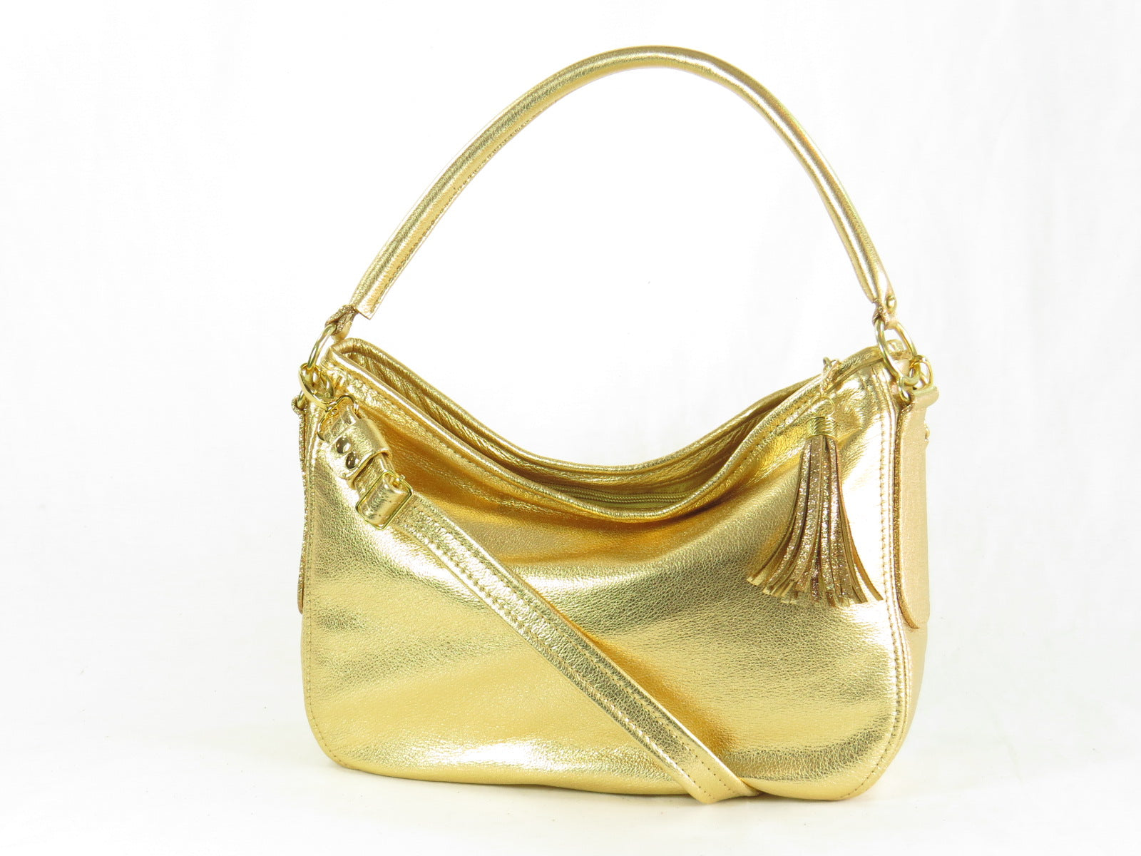 Hobo handbag, Shiny crumpled lambskin & gold-tone metal, yellow — Fashion