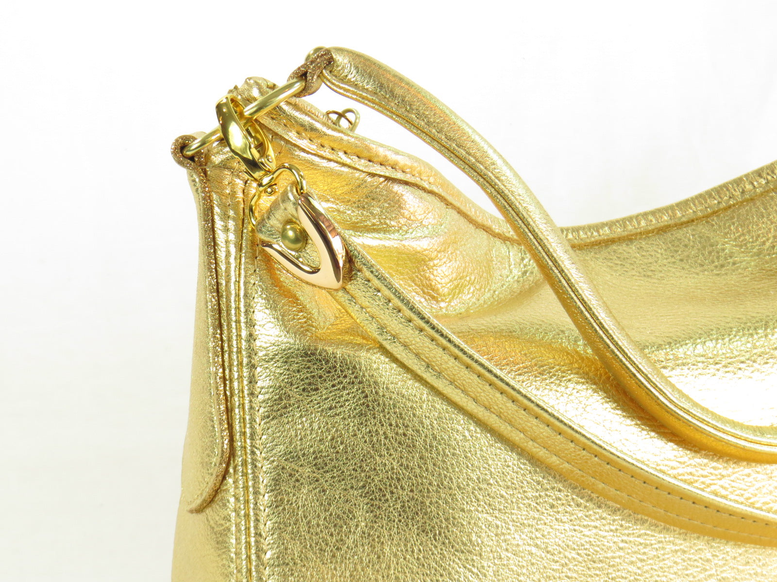 Metallic Gold Leather Slouch Hobo Bag hardware close up right