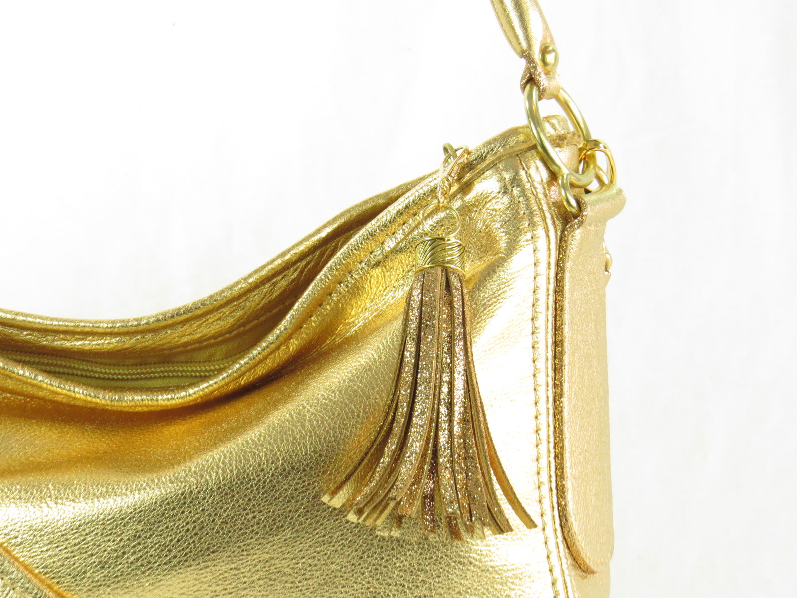 Metallic Gold Leather Slouch Hobo Bag tassel