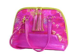 Metallic Hot Pink Leather Asian Silk Bowler Bag