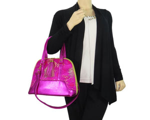 Metallic Hot Pink Leather Asian Silk Bowler Bag model view