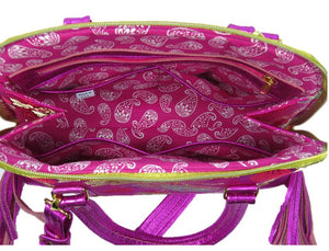 Metallic Hot Pink Leather Asian Silk Bowler Bag pockets view