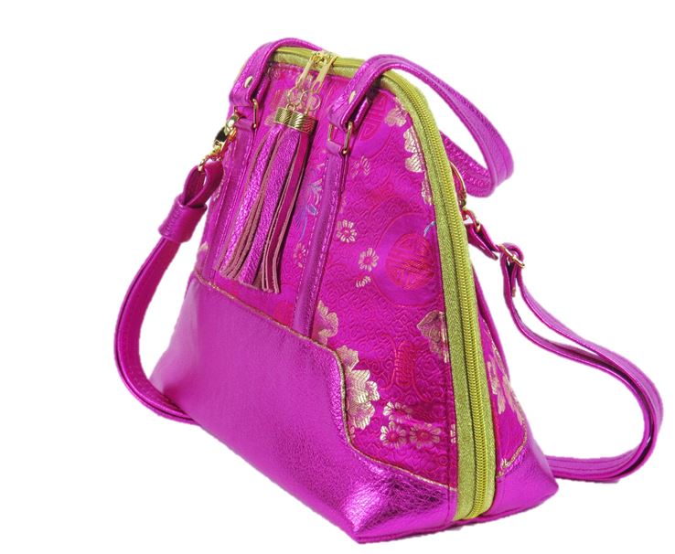 Metallic Hot Pink Leather Asian Silk Bowler Bag side view