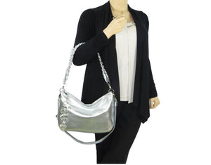 Metallic Silver Leather Slouchy Hobo model view