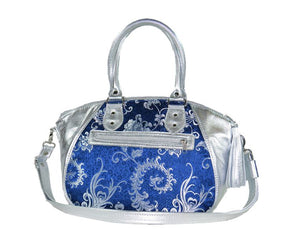 Metallic Silver Leather and Blue Brocade Satchel
