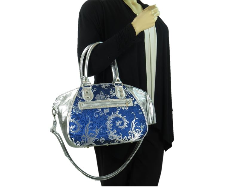 Metallic Silver Leather and Blue Brocade Satchel arm model